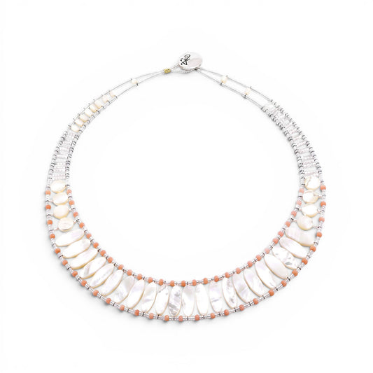 Trebor Style Ziio handcrafted necklace with white mother of pearl, pink coral beads, and sterling silver button clasp.
