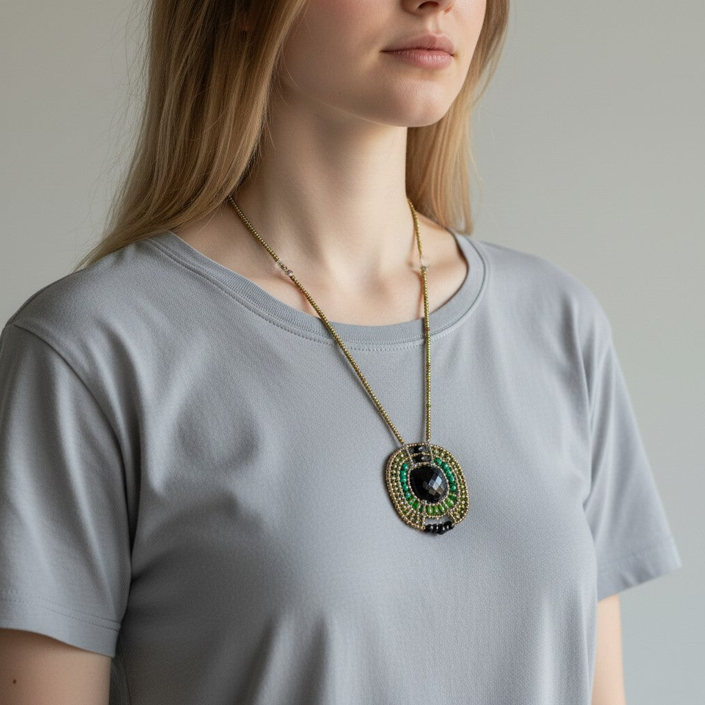 Trebor Style Ziio handcrafted pendant necklace featuring black onyx, green jade, malachite, and Murano glass beads.