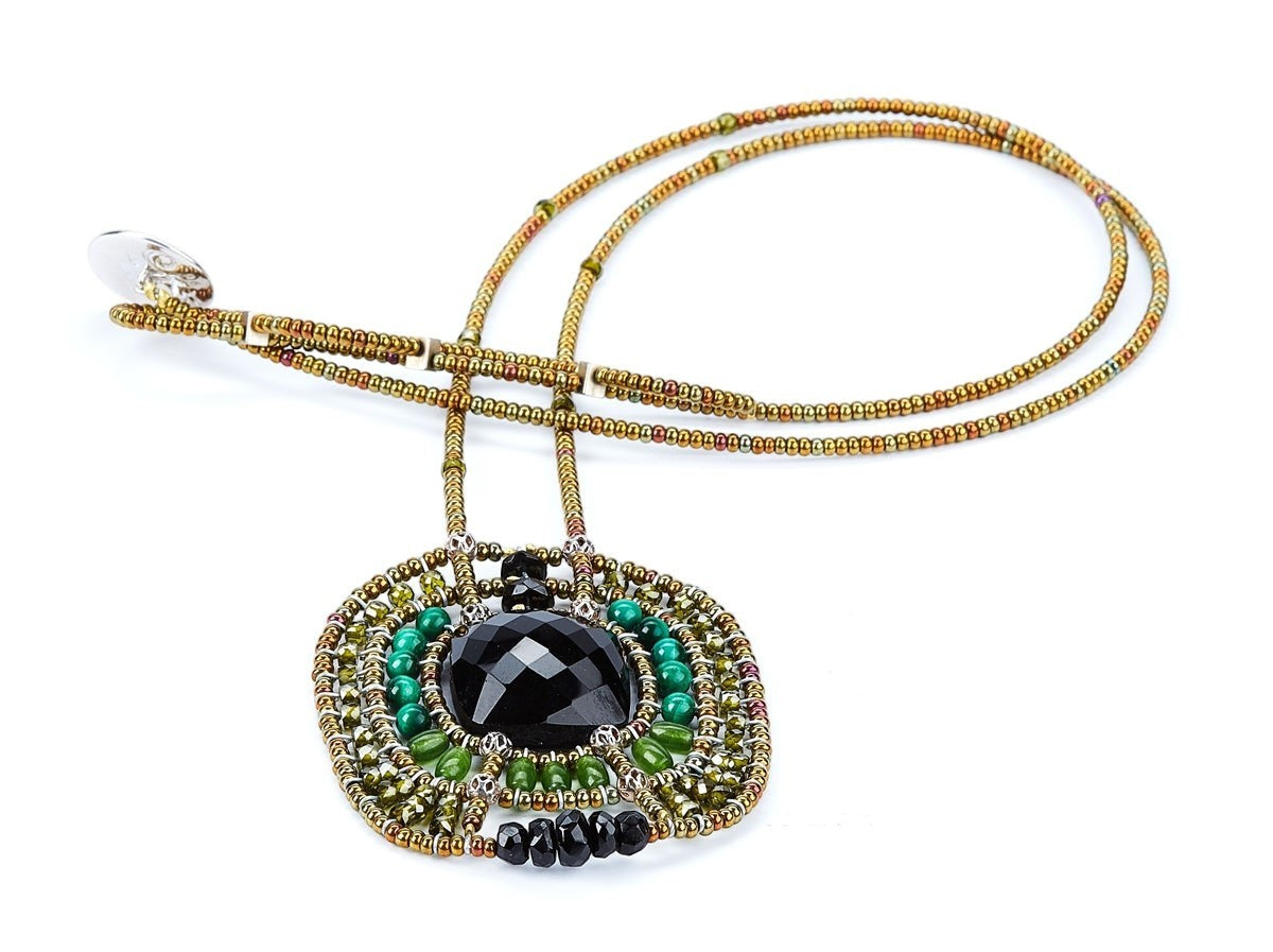 Trebor Style Ziio handcrafted pendant necklace featuring black onyx, green jade, malachite, and Murano glass beads.