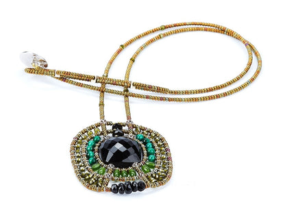 Trebor Style Ziio handcrafted pendant necklace featuring black onyx, green jade, malachite, and Murano glass beads.