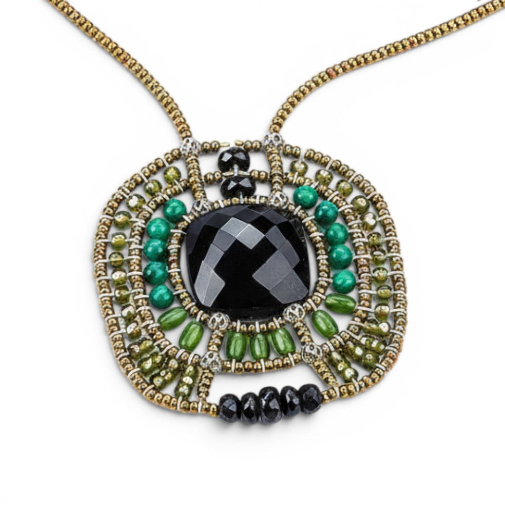 Trebor Style Ziio handcrafted pendant necklace featuring a black onyx, green jade, malachite, and Murano glass beads.