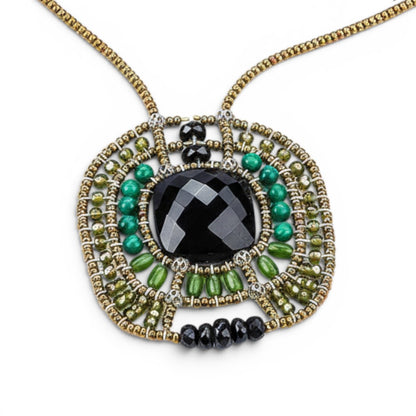 Trebor Style Ziio handcrafted pendant necklace featuring a black onyx, green jade, malachite, and Murano glass beads.