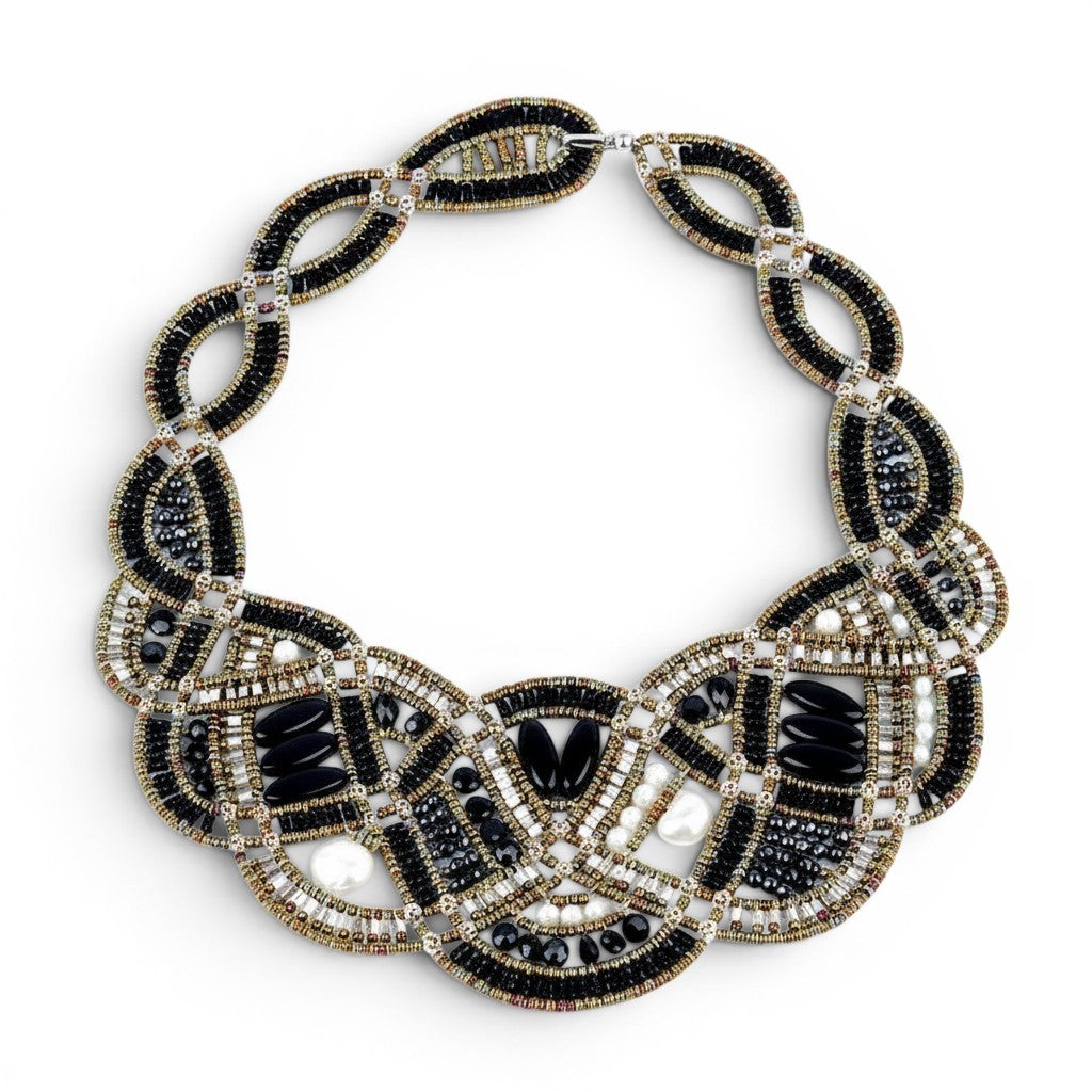 Trebor Style Ziio New Romance bib necklace featuring black onyx, white pearls, and sterling silver beads in Italy.