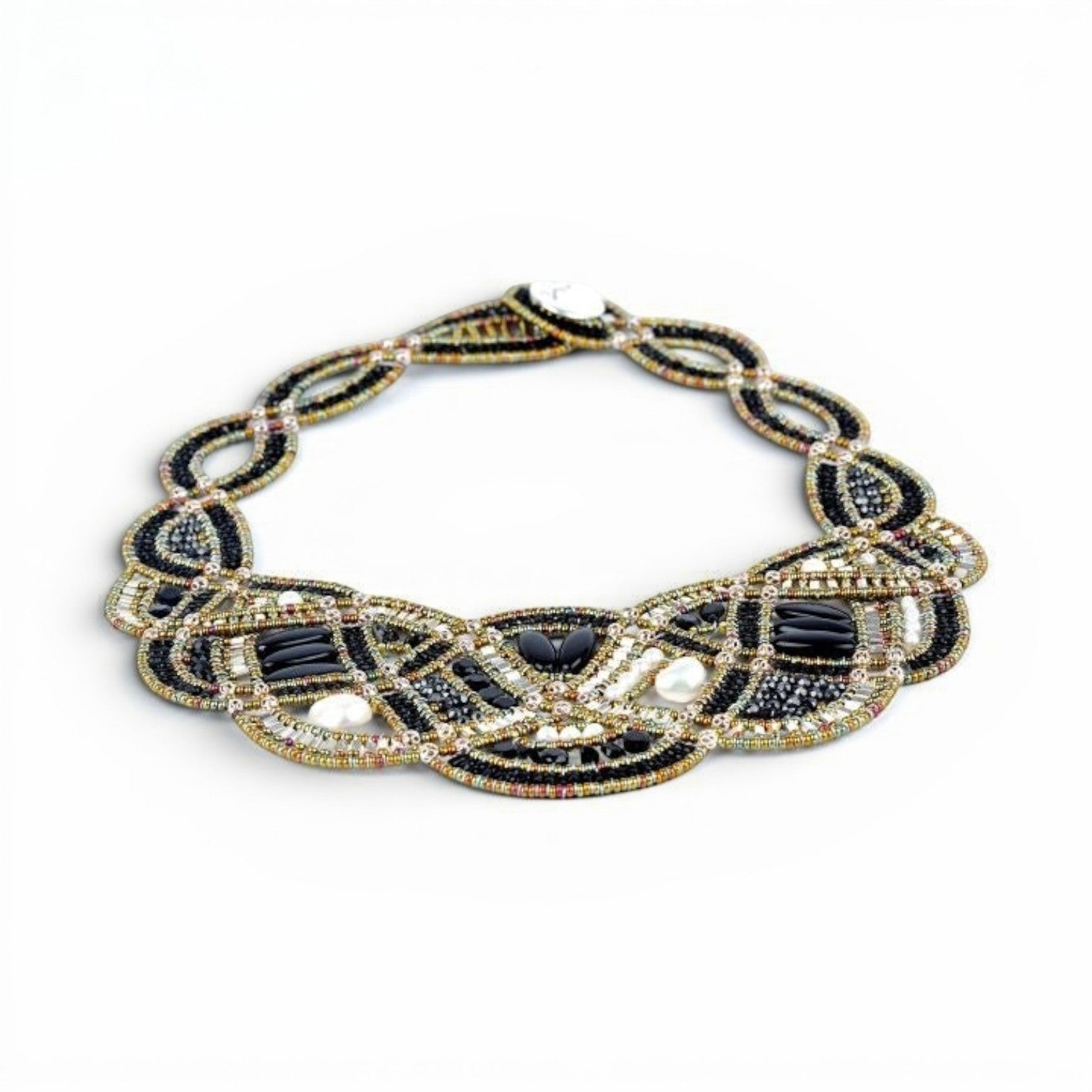 Trebor Style Ziio New Romance bib necklace featuring black onyx, white pearls, and sterling silver beads.