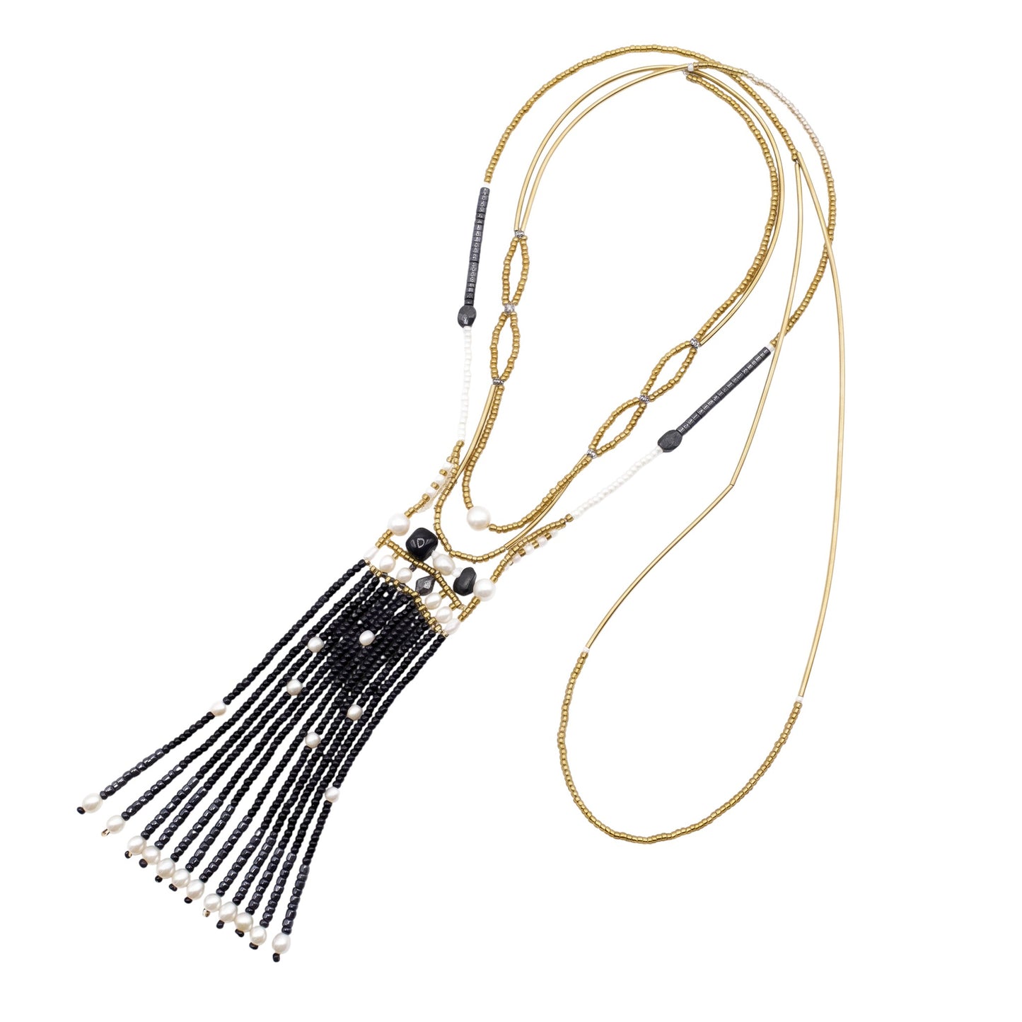 Trebor Style Ziio long tassel pendant necklace featuring black onyx, spinel, and white pearls on stainless steel wire.