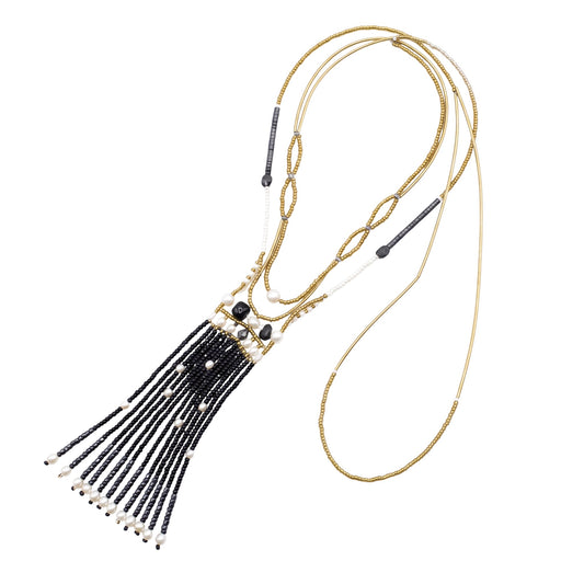 Trebor Style Ziio long tassel pendant necklace featuring black onyx, spinel, and white pearls on stainless steel wire.