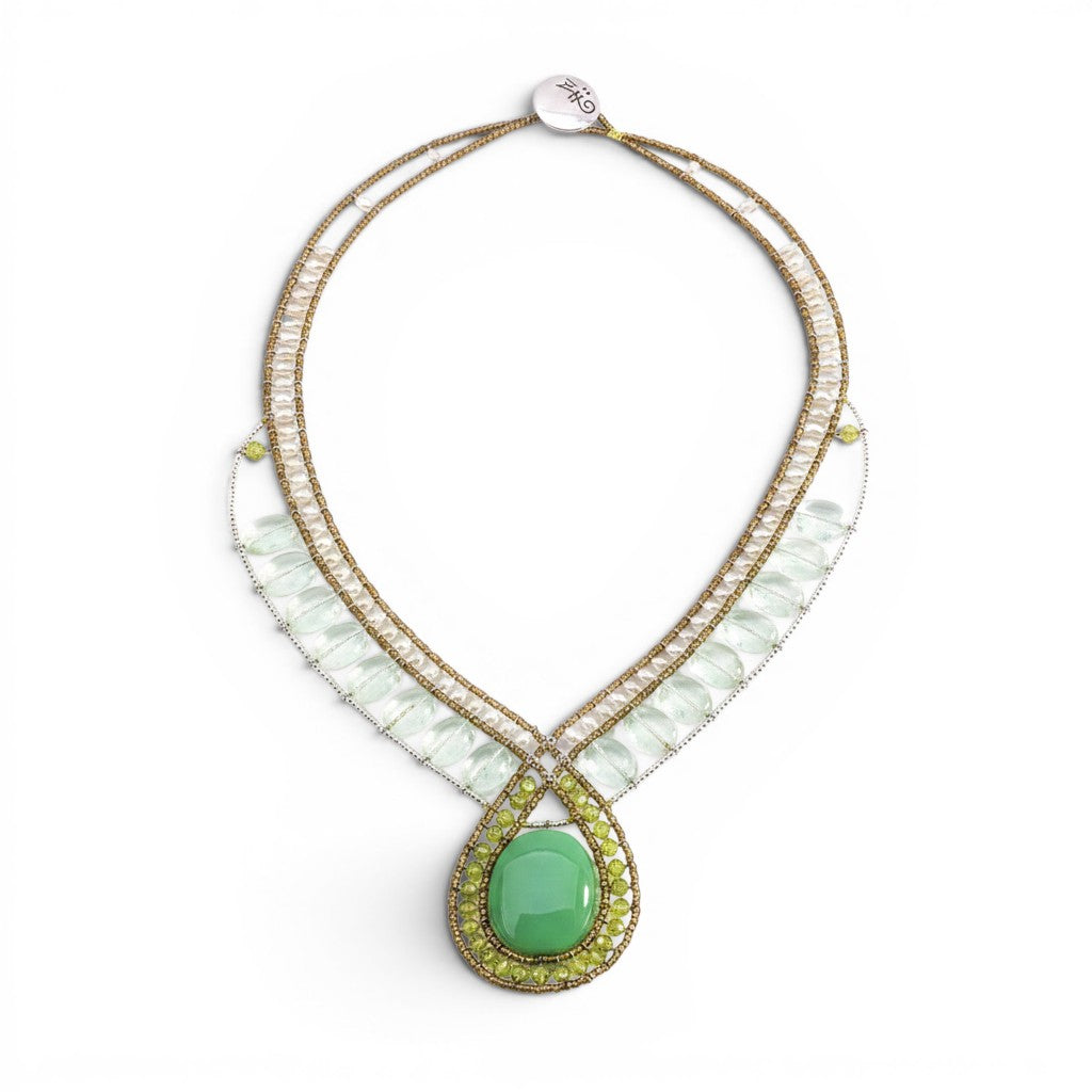 Trebor Style Ziio statement necklace featuring a green onyx cabochon, peridot, fluorite, and white pearls on wire.