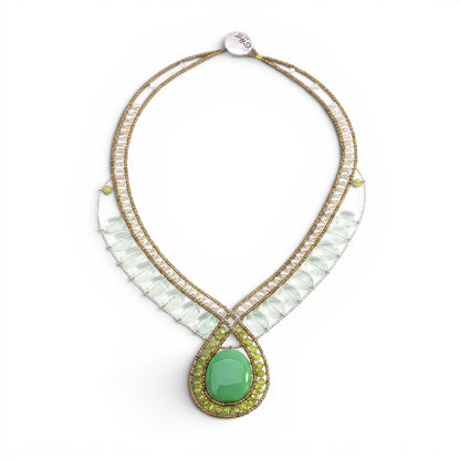 Trebor Style Ziio statement necklace featuring a green onyx cabochon, peridot, fluorite, and white pearls on wire.