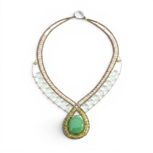 Trebor Style Ziio statement necklace featuring a green onyx cabochon, peridot, fluorite, and white pearls on wire.
