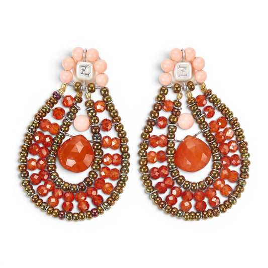Trebor Style Ziio drop earrings featuring orange zircon, carnelian, and Murano glass beads on stainless steel wire.