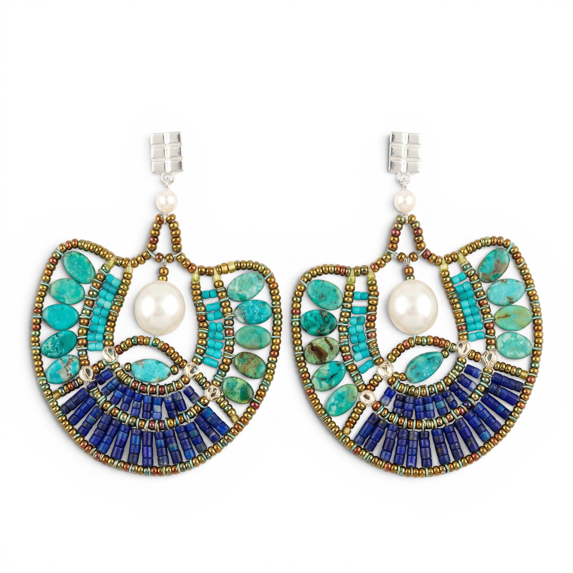 Trebor Style Ziio peacock chandelier earrings featuring turquoise, lapis, and a central white baroque pearl.