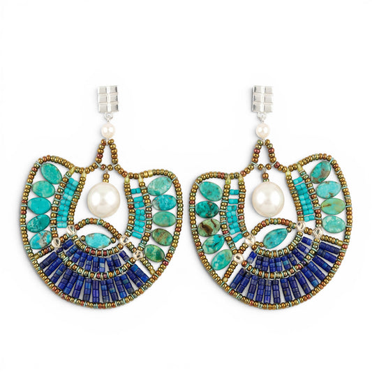 Trebor Style Ziio peacock chandelier earrings featuring turquoise, lapis, and a central white baroque pearl.