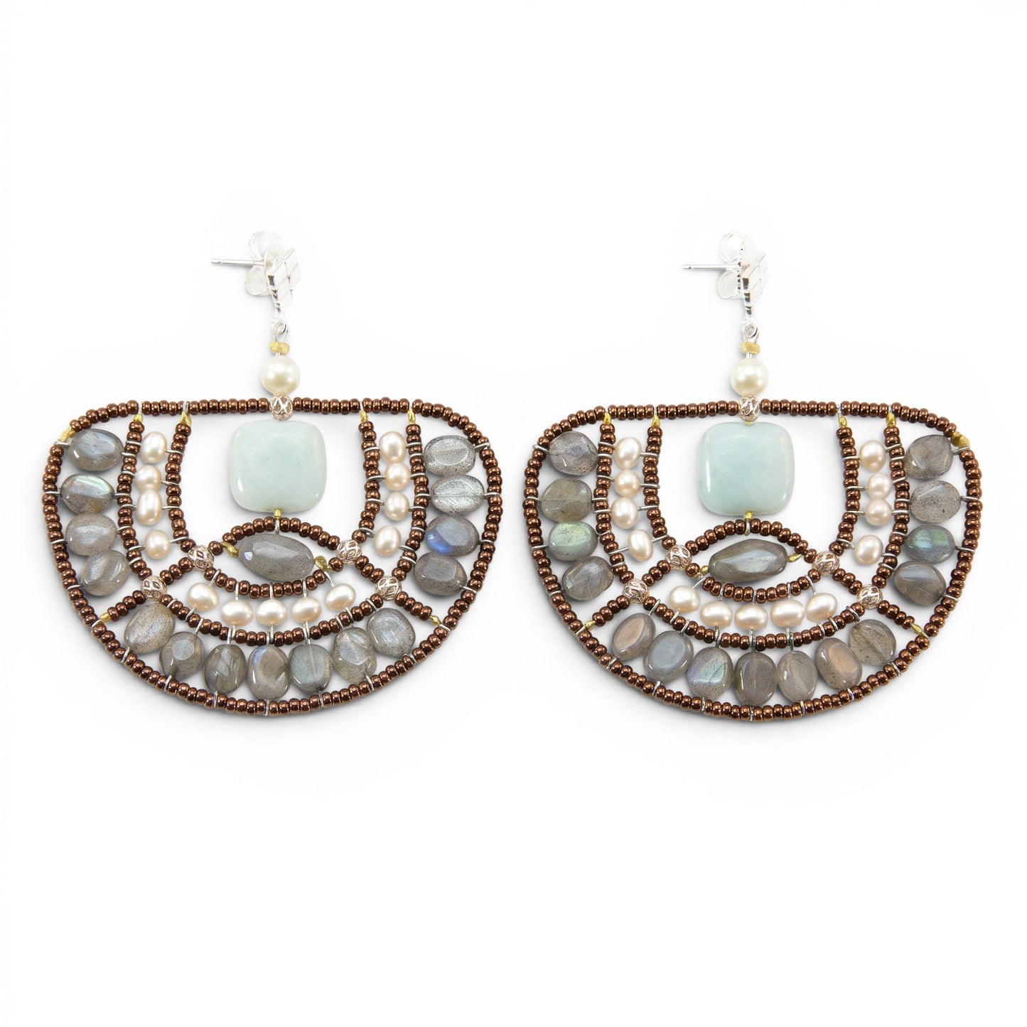 Trebor Style Ziio peacock chandelier earrings with labradorite, amazonite, and white pearls on sterling silver posts.