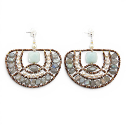 Trebor Style Ziio peacock chandelier earrings with labradorite, amazonite, and white pearls on sterling silver posts.