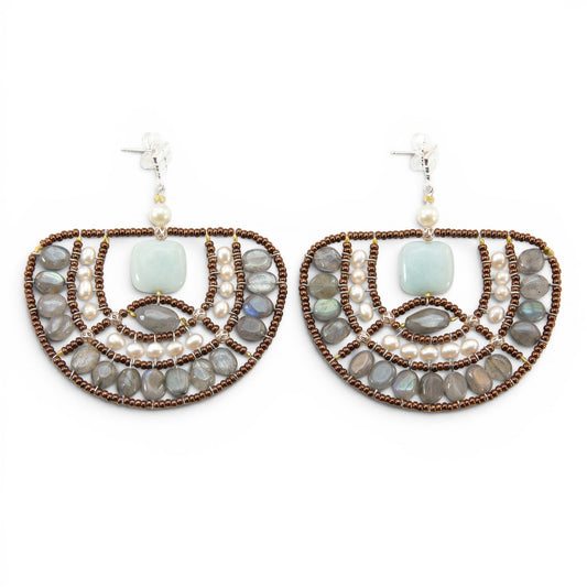 Trebor Style Ziio peacock chandelier earrings with labradorite, amazonite, and white pearls on sterling silver posts.