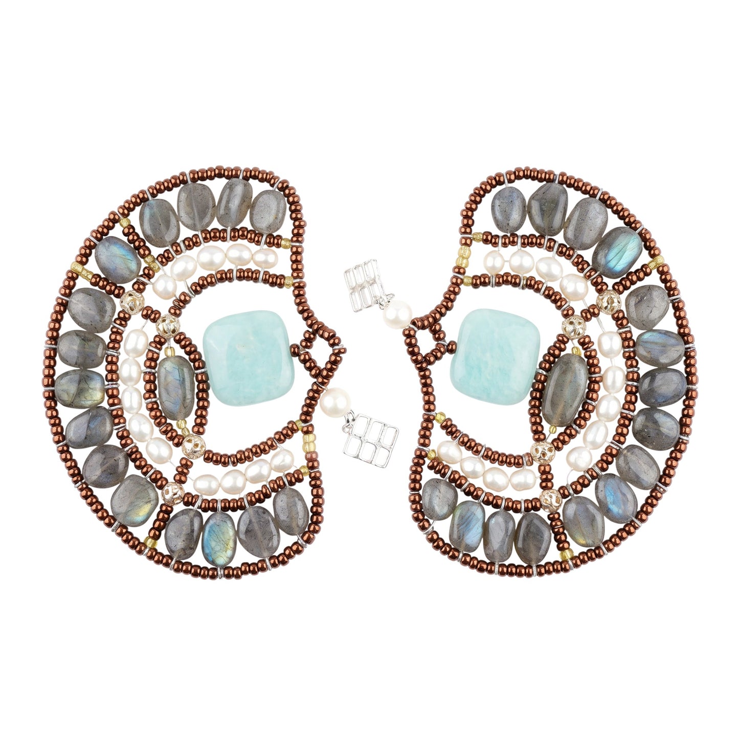 Trebor Style Ziio peacock chandelier earrings featuring labradorite, white pearls, and blue amazonite on stainless steel.