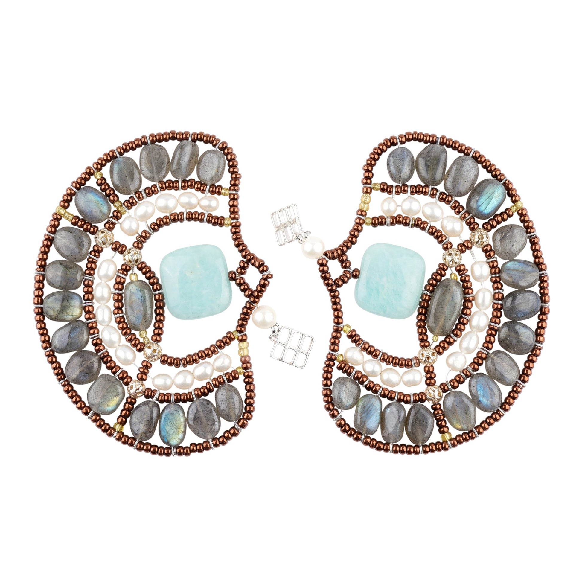 Trebor Style Ziio peacock chandelier earrings featuring labradorite, white pearls, and blue amazonite on stainless steel.
