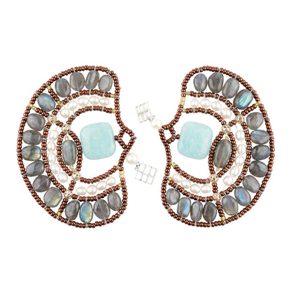 Trebor Style Ziio peacock chandelier earrings featuring labradorite, white pearls, and blue amazonite on stainless steel.