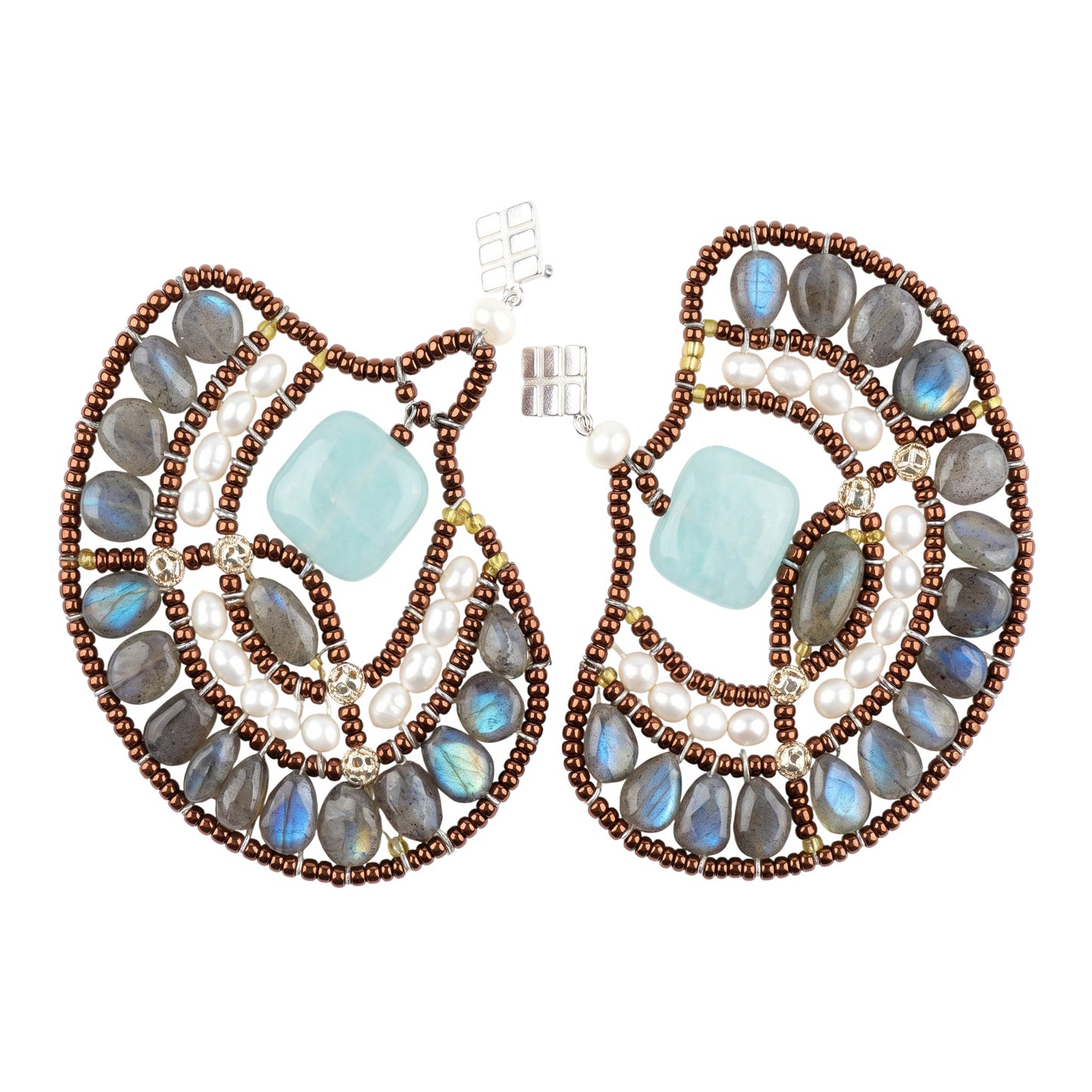Trebor Style Ziio peacock chandelier earrings featuring labradorite, amazonite, and white pearls on stainless wire.