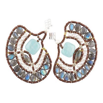 Trebor Style Ziio peacock chandelier earrings featuring labradorite, amazonite, and white pearls on stainless wire.