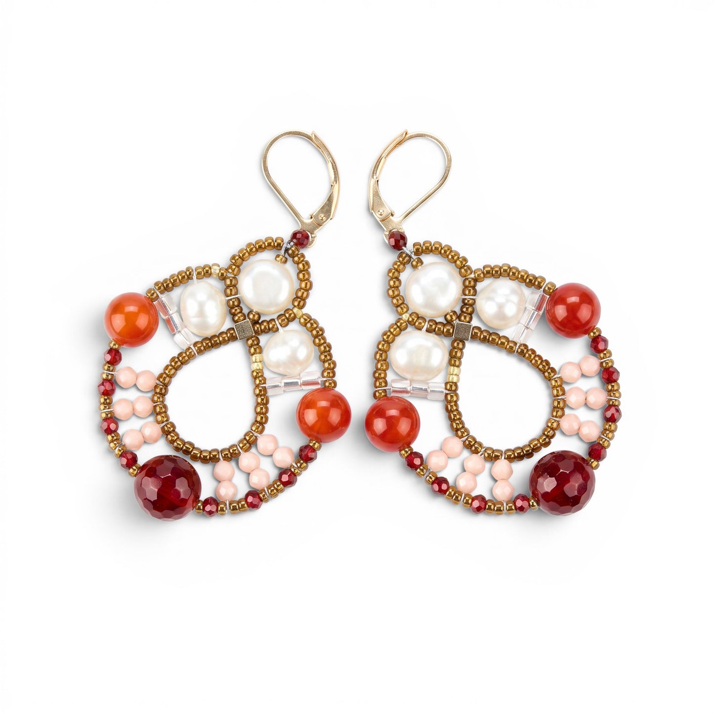 Trebor Style Ziio Galaxie drop earrings featuring white pearls, red agate, and Murano glass beads on gold posts.