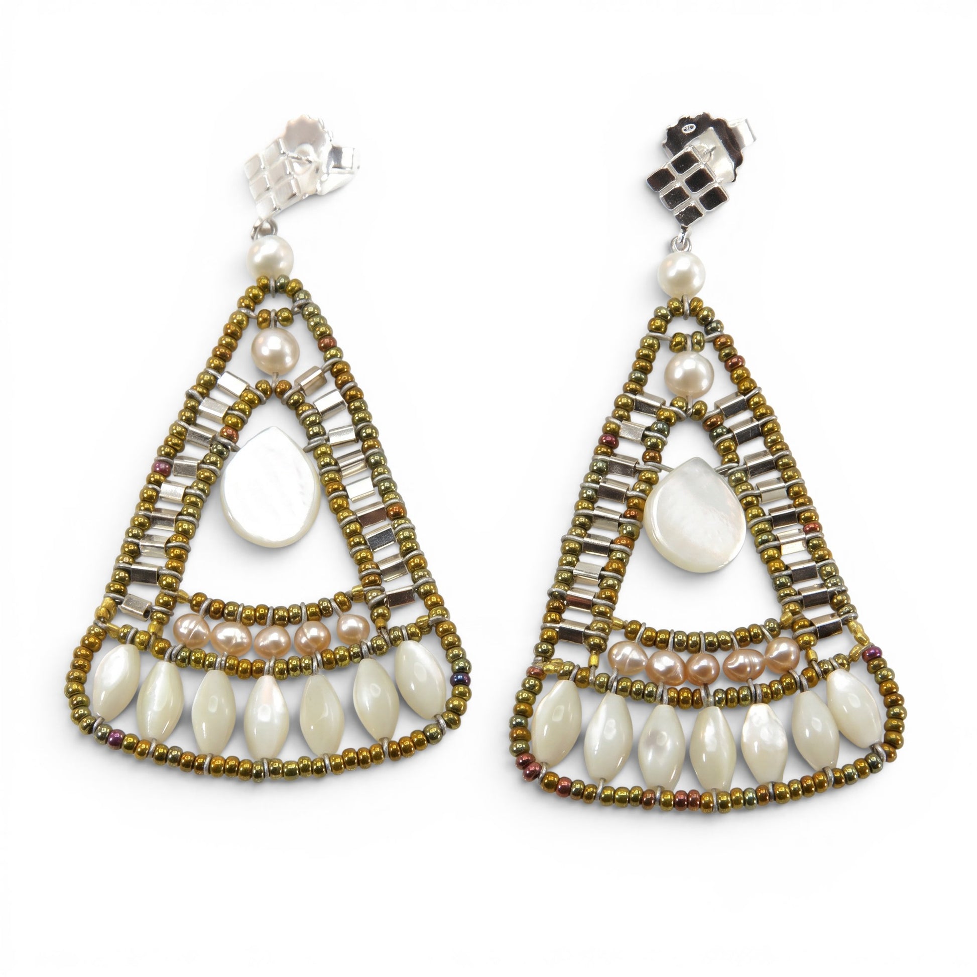 Trebor Style Ziio triangular drop earrings featuring white mother of pearl, water pearls, and golden Murano glass beads.