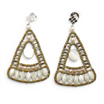 Trebor Style Ziio triangular drop earrings featuring white mother of pearl, water pearls, and golden Murano glass beads.