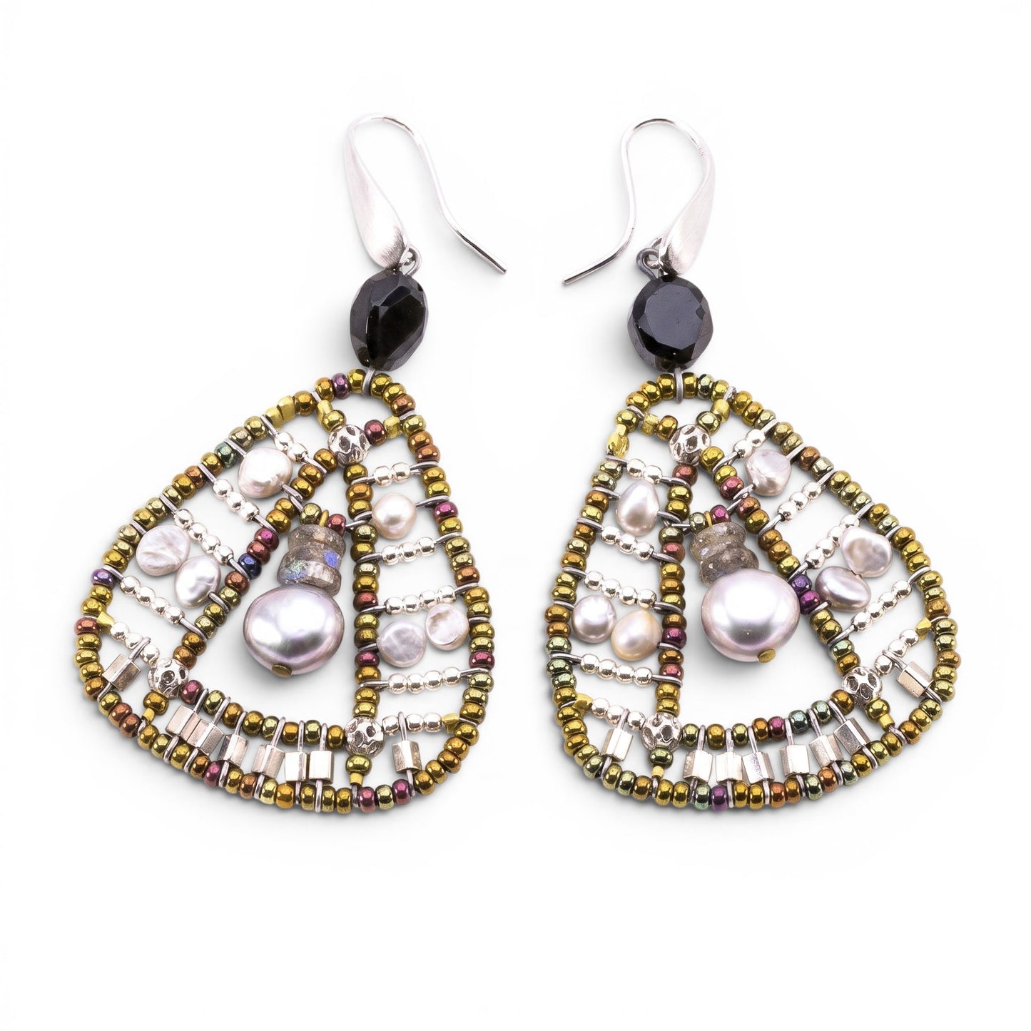 Trebor Style Ziio Aton triangular drop earrings featuring white pearls, labradorite, and sterling silver beads.