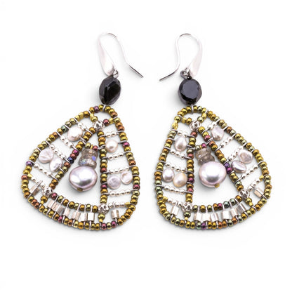 Trebor Style Ziio Aton triangular drop earrings featuring white pearls, labradorite, and sterling silver beads.