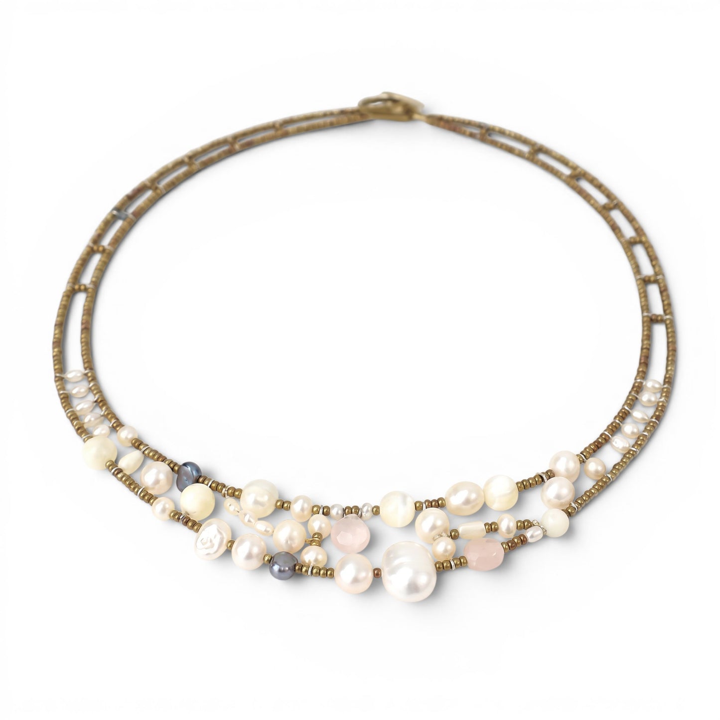 Trebor Style Ziio Shinju necklace featuring white pearls, pink morganite, and golden Murano glass beads on steel wire.