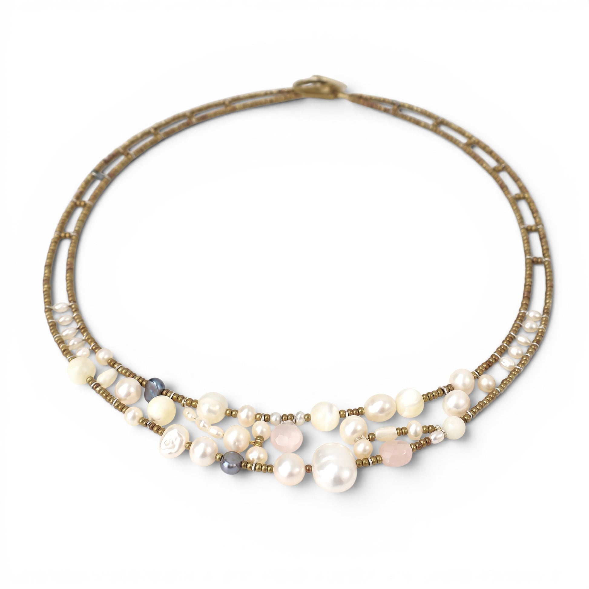 Trebor Style Ziio Shinju necklace featuring white pearls, pink morganite, and golden Murano glass beads on steel wire.