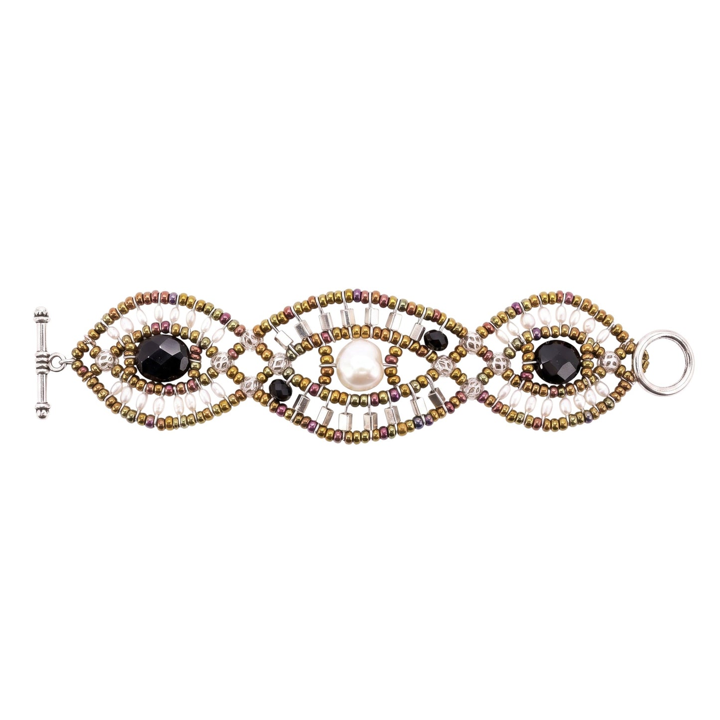 Trebor Style Ziio cuff bracelet featuring white pearls, black onyx, and Murano glass beads on stainless steel wire.