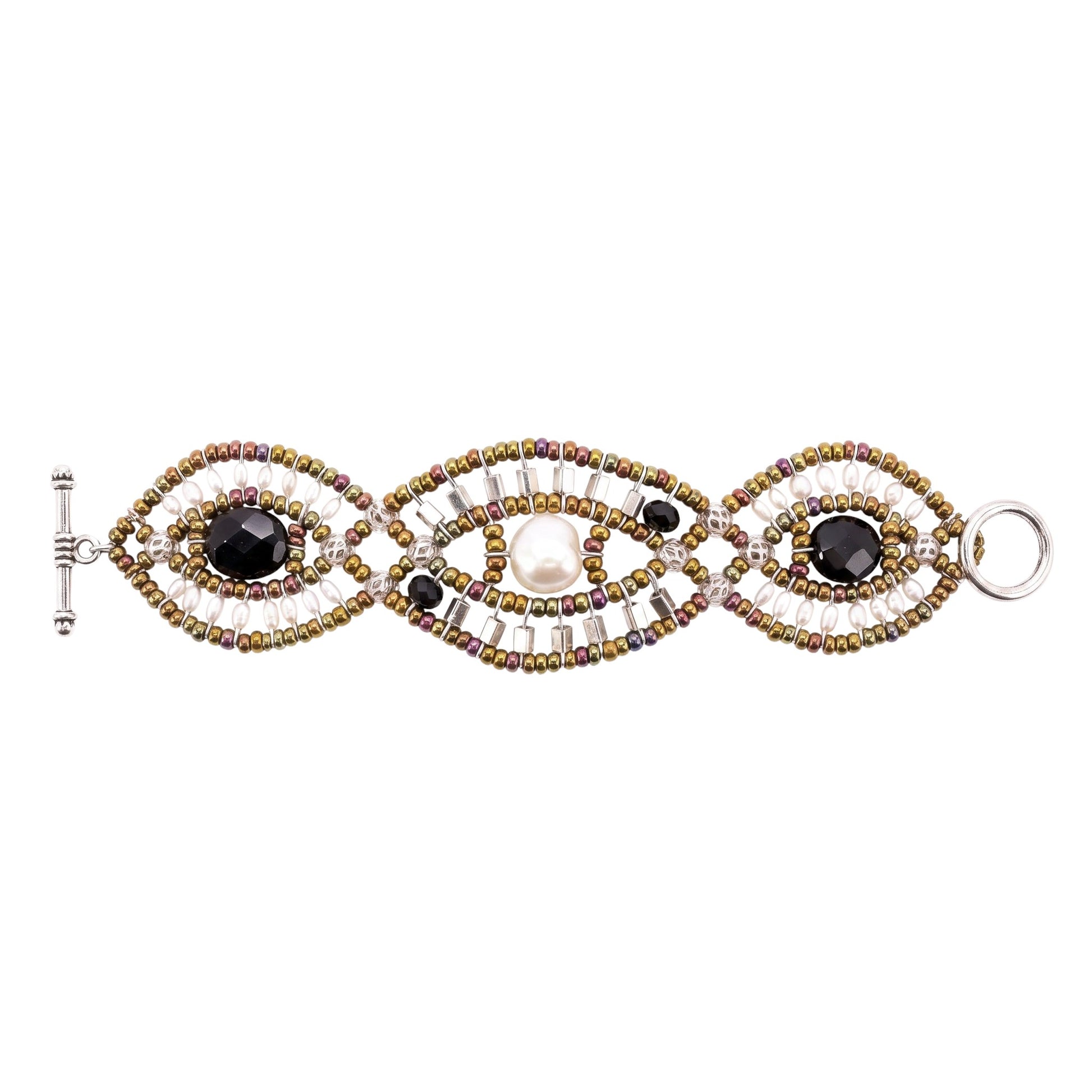 Trebor Style Ziio cuff bracelet featuring white pearls, black onyx, and Murano glass beads on stainless steel wire.