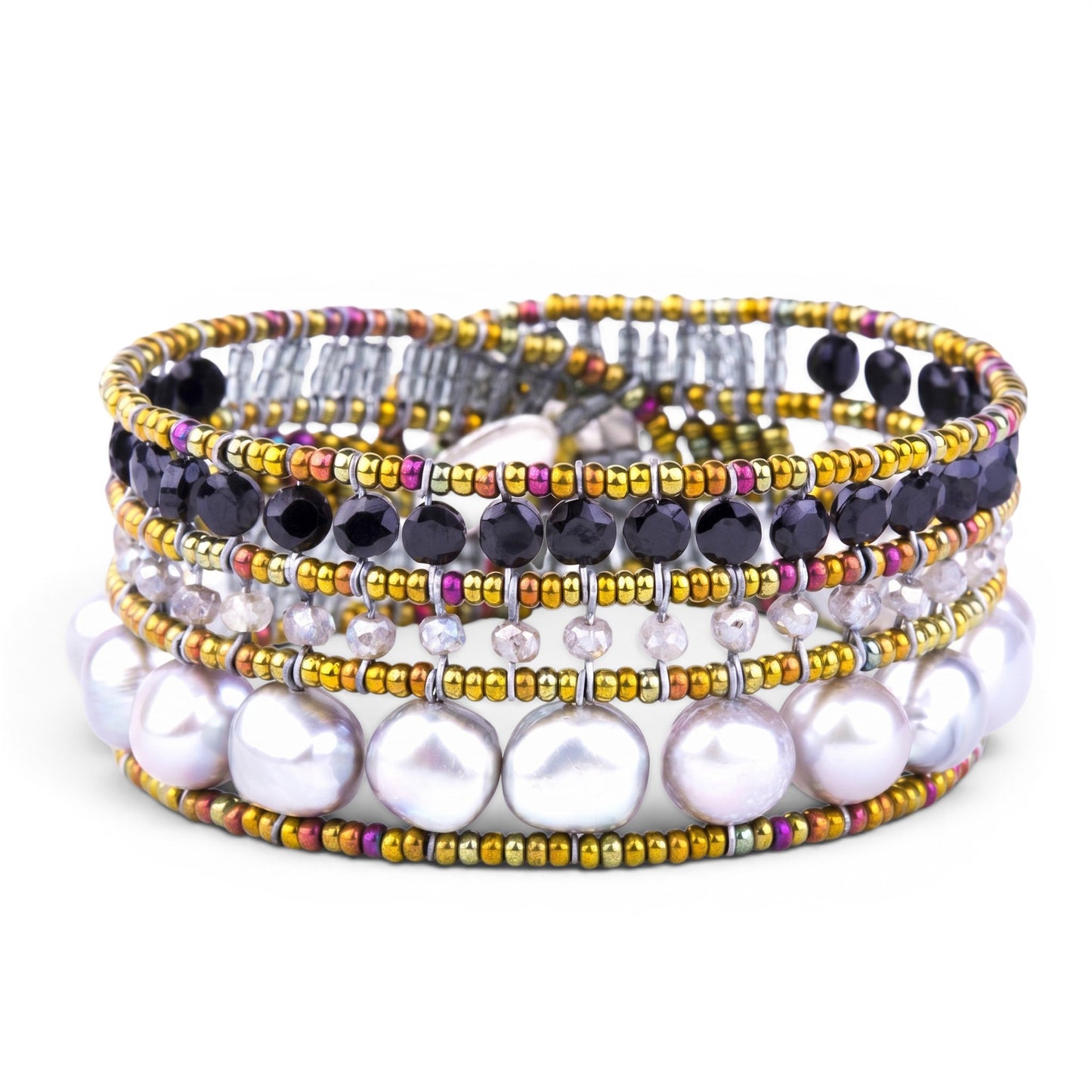 Trebor Style Ziio cuff bracelet featuring grey freshwater pearls, black onyx beads, and Murano glass accents.