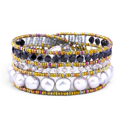 Trebor Style Ziio cuff bracelet featuring grey freshwater pearls, black onyx beads, and Murano glass accents.