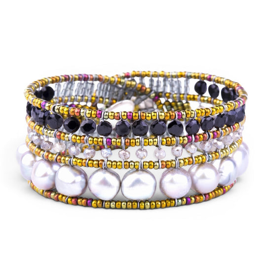 Trebor Style Ziio cuff bracelet featuring grey freshwater pearls, black onyx beads, and Murano glass accents.