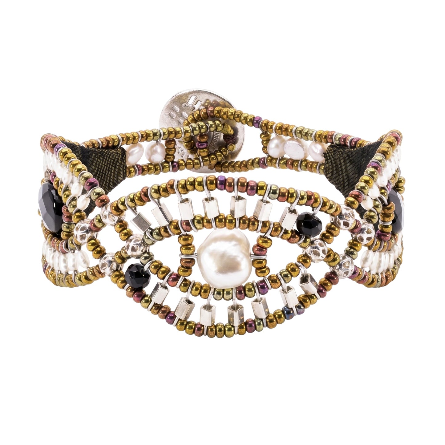Trebor Style Ziio cuff bracelet featuring white pearls, black onyx, and seed beads on stainless steel wire.