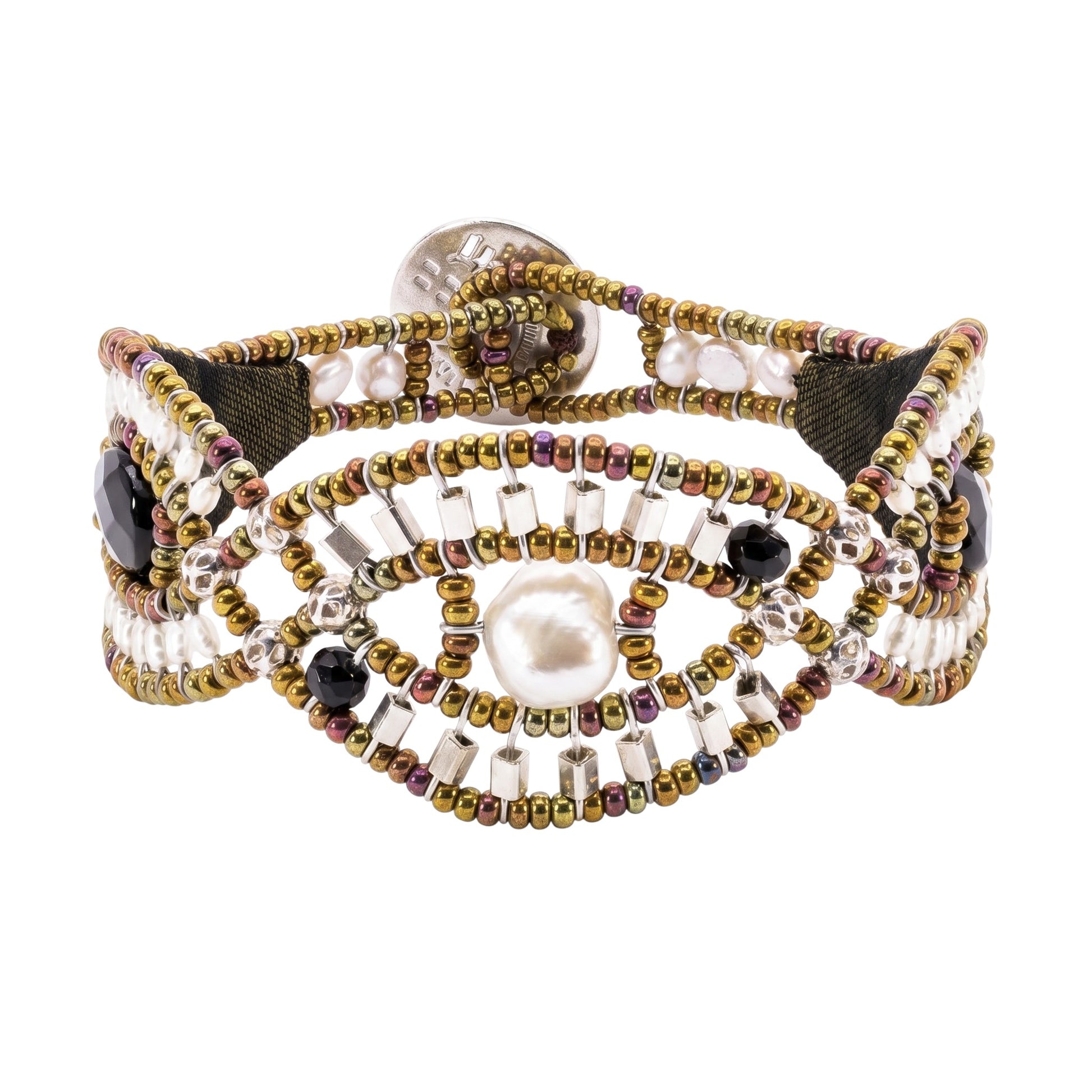 Trebor Style Ziio cuff bracelet featuring white pearls, black onyx, and seed beads on stainless steel wire.