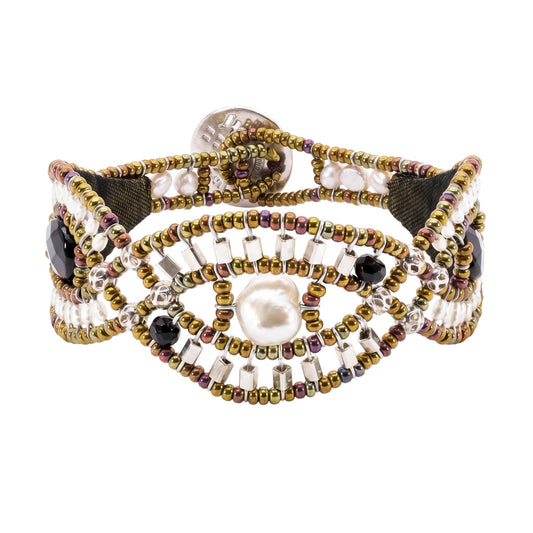 Trebor Style Ziio cuff bracelet featuring white pearls, black onyx, and seed beads on stainless steel wire.