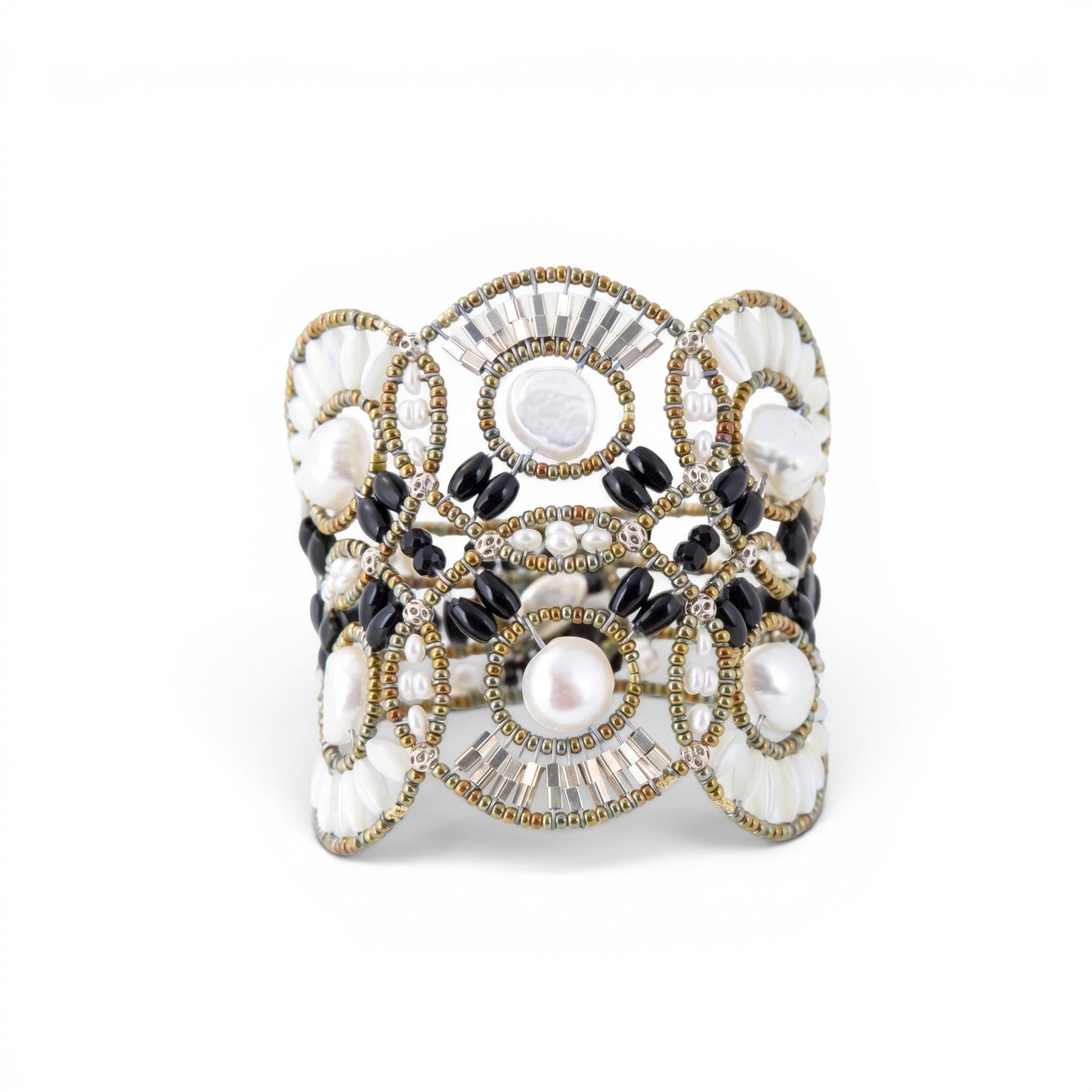 Trebor Style Ziio cuff bracelet featuring large white baroque pearls, black onyx, tourmaline, and Murano glass beads.