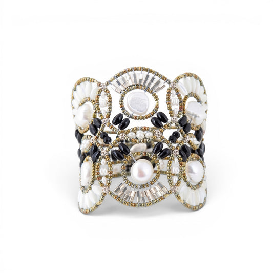Trebor Style Ziio cuff bracelet featuring large white baroque pearls, black onyx, tourmaline, and Murano glass beads.