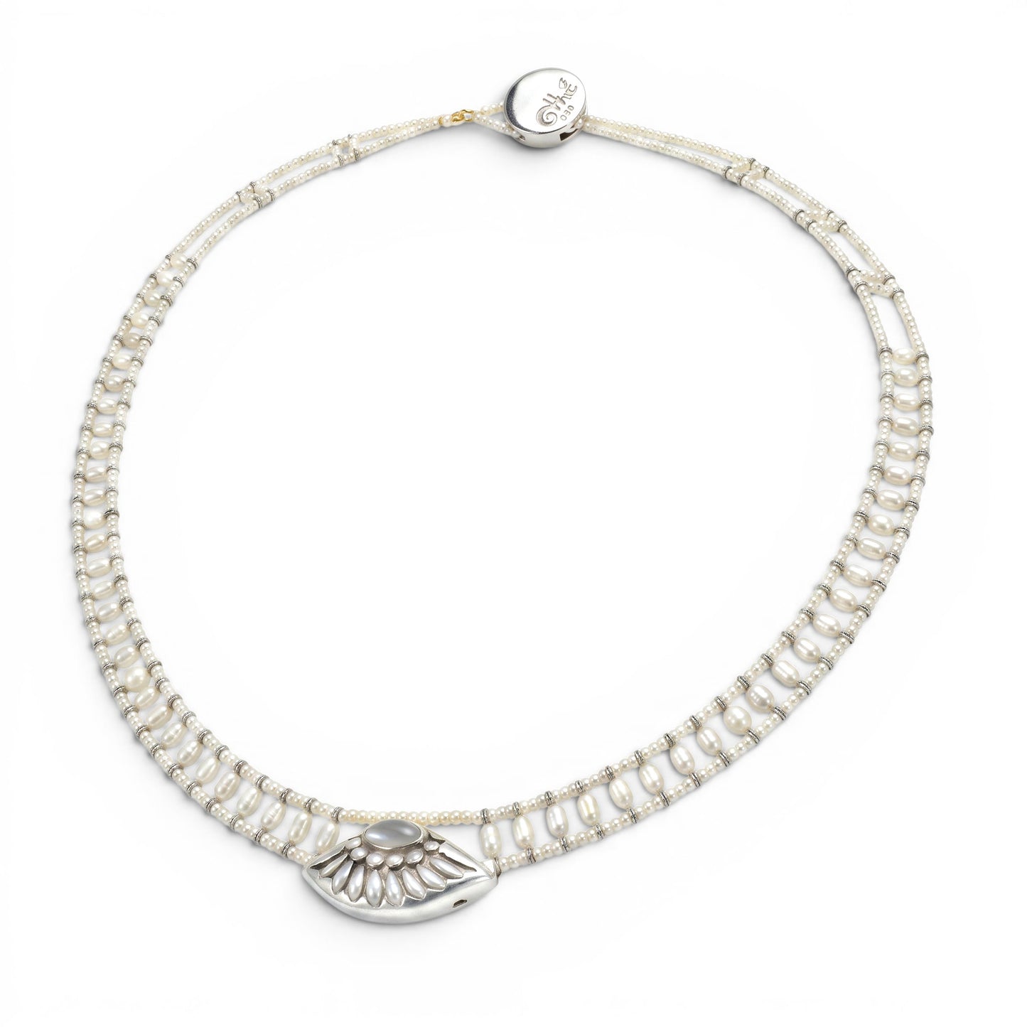Trebor Style Ziio handcrafted white pearl necklace with a sterling silver wing pendant and Murano glass bead accents.