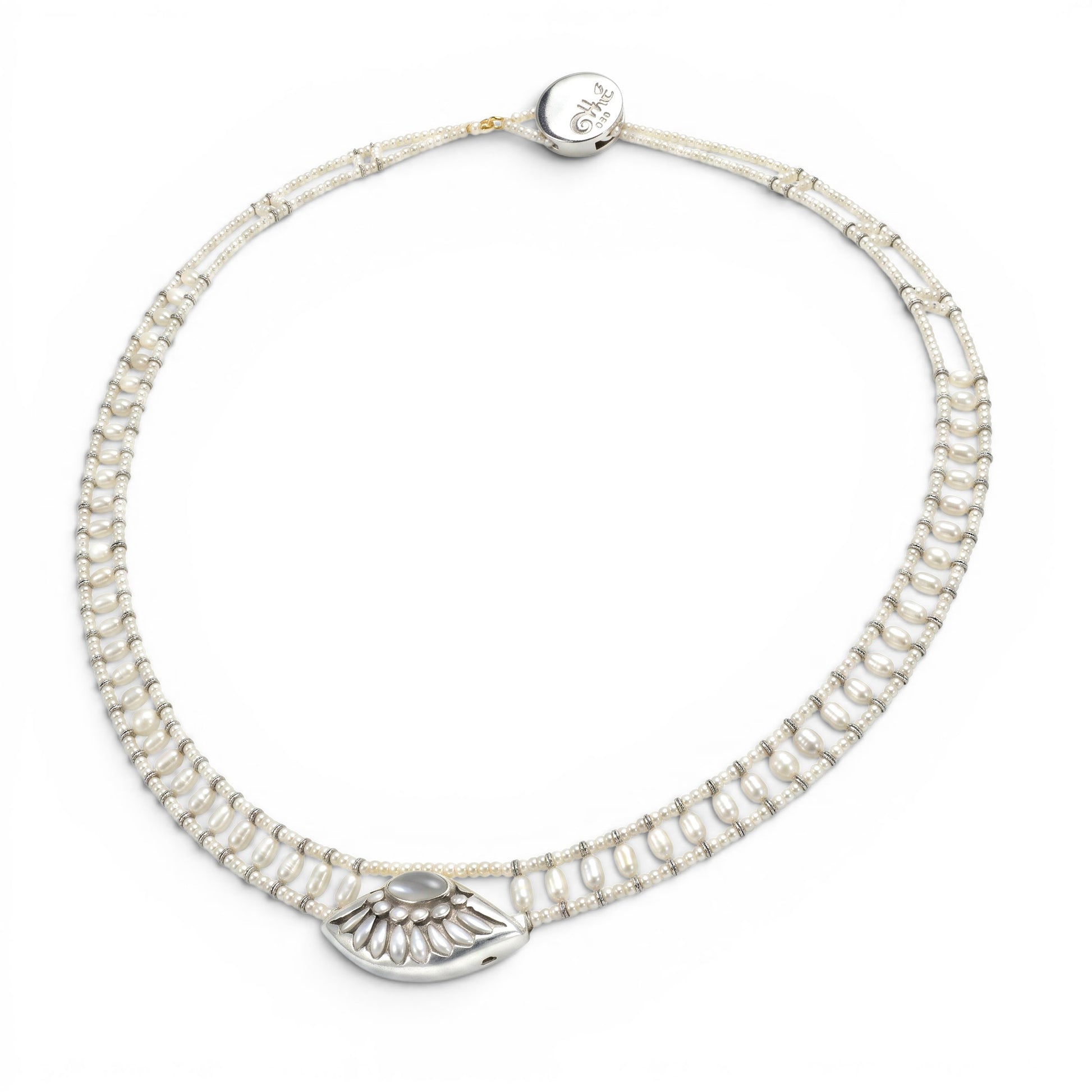 Trebor Style Ziio handcrafted white pearl necklace with a sterling silver wing pendant and Murano glass bead accents.