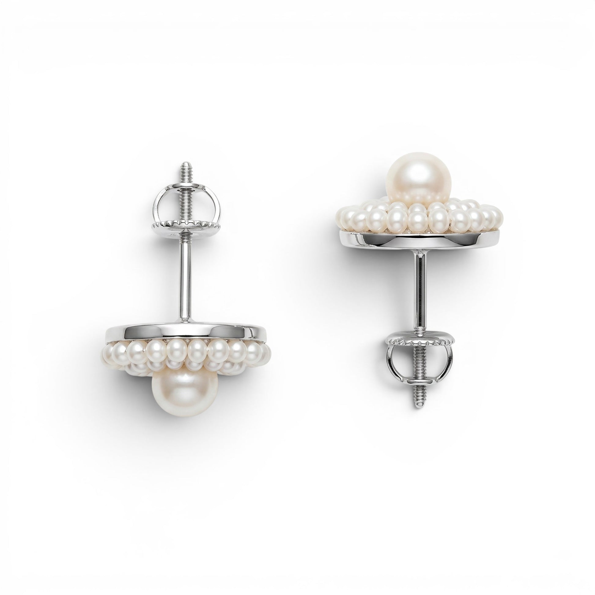 Trebor Style Ziio white freshwater pearl stud earrings with Murano glass beads and sterling silver posts.