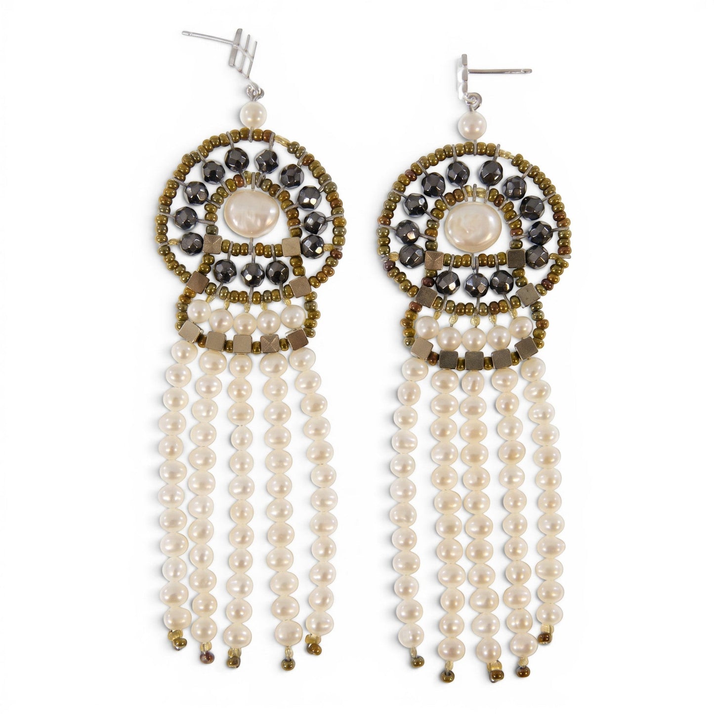 Trebor Style Ziio long chandelier earrings featuring white freshwater pearls, pyrite, and Murano glass seed beads.