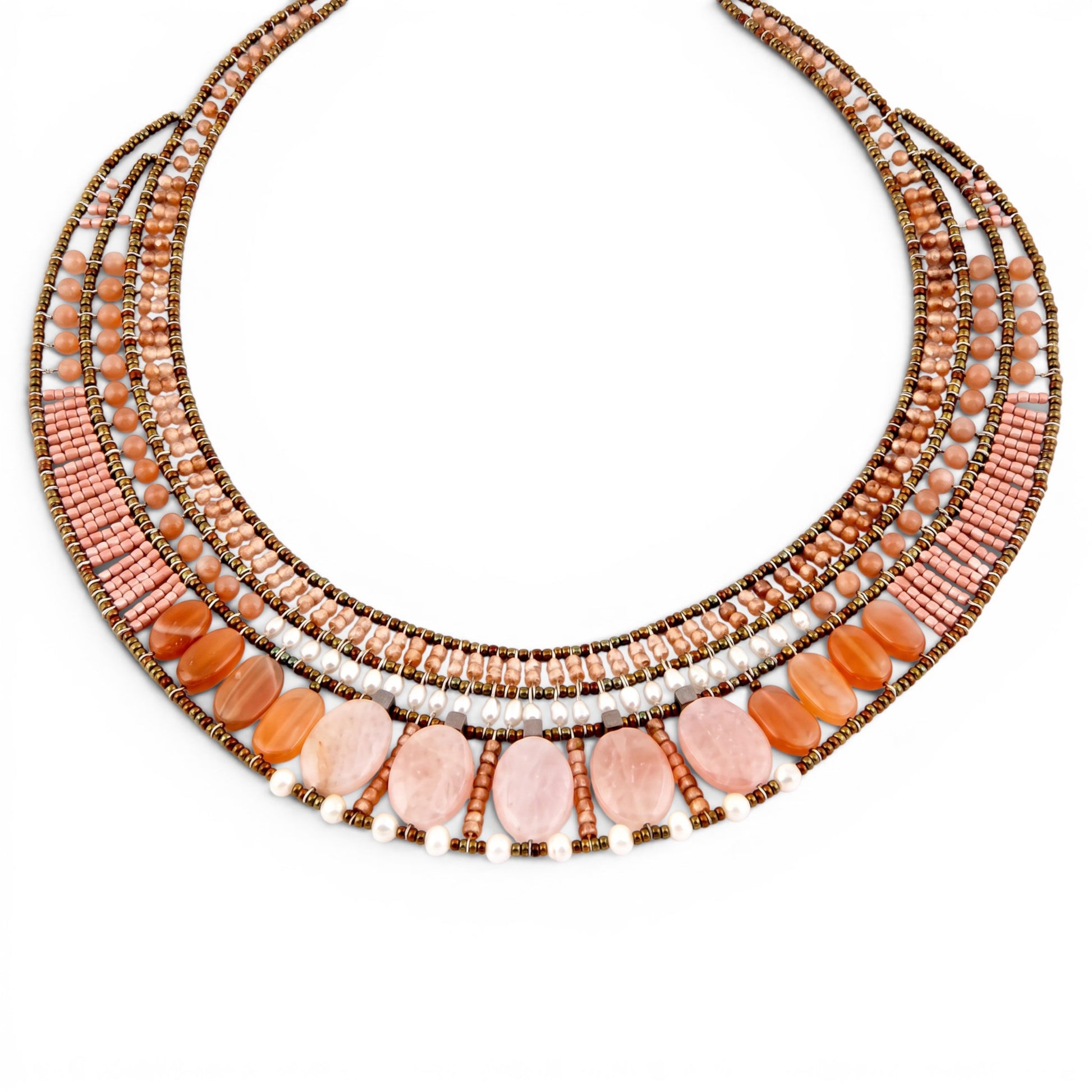 Trebor Style Ziio statement necklace featuring pink morganite, moonstone, orange zircon, pearls, and Murano glass beads.