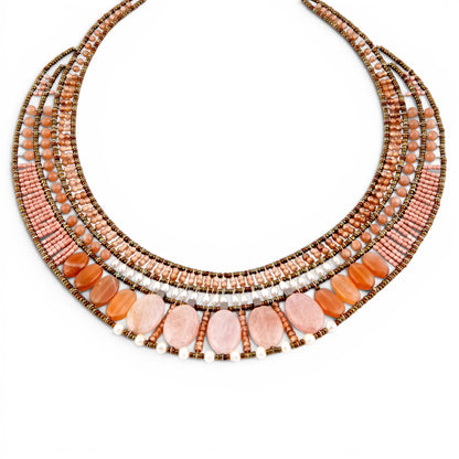 Trebor Style Ziio statement necklace featuring pink morganite, moonstone, orange zircon, pearls, and Murano glass beads.