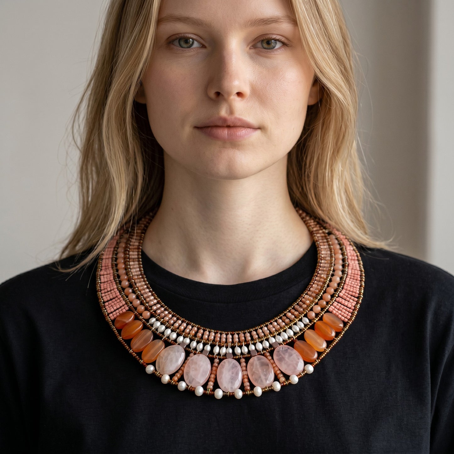 Trebor Style Ziio statement necklace featuring pink morganite, moonstone, zircon, and pearls on a model.