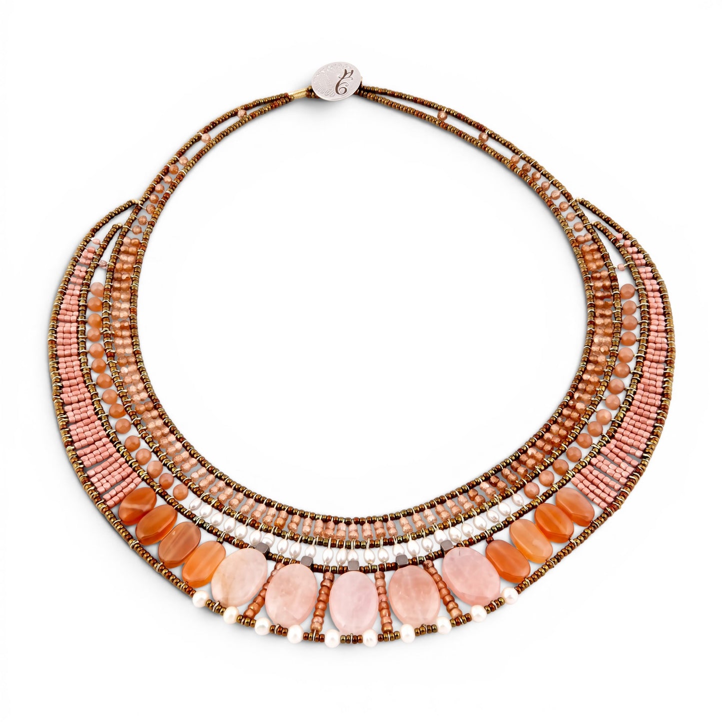 Trebor Style Ziio statement necklace featuring pink morganite, moonstone, orange zircon, pearls, and Murano glass beads.