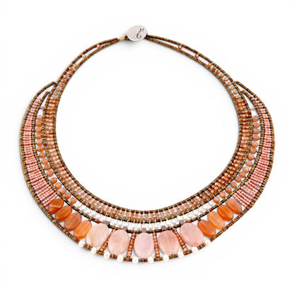 Trebor Style Ziio statement necklace featuring pink morganite, moonstone, orange zircon, pearls, and Murano glass beads.